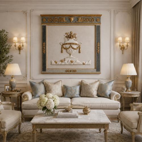 Luxus Dekoratives Wandkunst-Panel mit Ornamentaler Floraler Klassischer Reliefgestaltung – Gold, Grau, Weiß von Luxury Group International