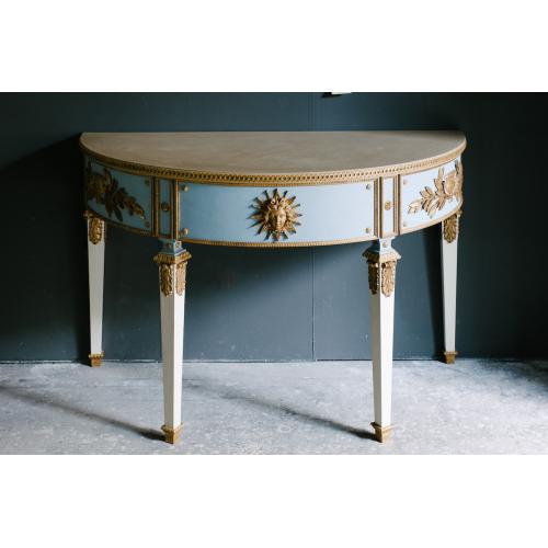 Light Blue & Gold Luxury Half-Moon Console Table with Sculpted Sunburst Medallion by Luxury Group International