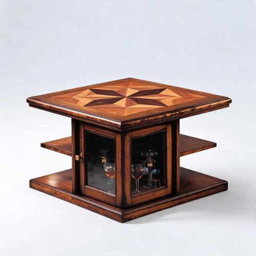 Luxury Designer Coffee Table with Central Glass Storage Cabinet & Walnut Star Marquetry Top Front View by Luxury Group International
