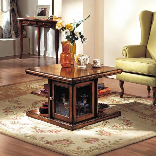 Luxury Designer Coffee Table with Central Glass Storage Cabinet & Walnut Star Marquetry Top Lifestyle View by Luxury Group International