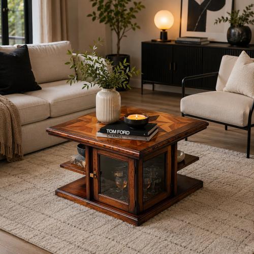 Luxury Designer Coffee Table with Central Glass Storage Cabinet & Walnut Star Marquetry Top Lifestyle View by Luxury Group International