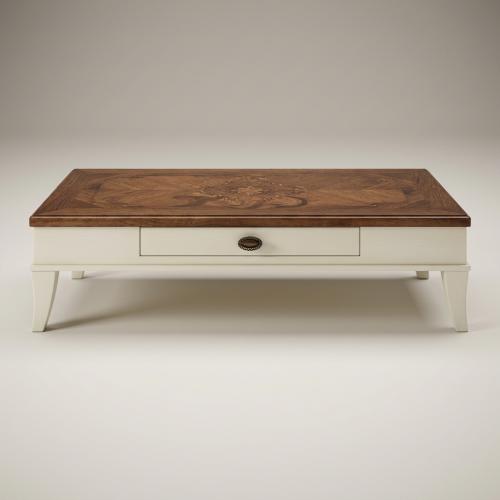 Luxury Designer Coffee Table with Decorative Walnut Top & Integrated Drawer Storage Front View by Luxury Group International