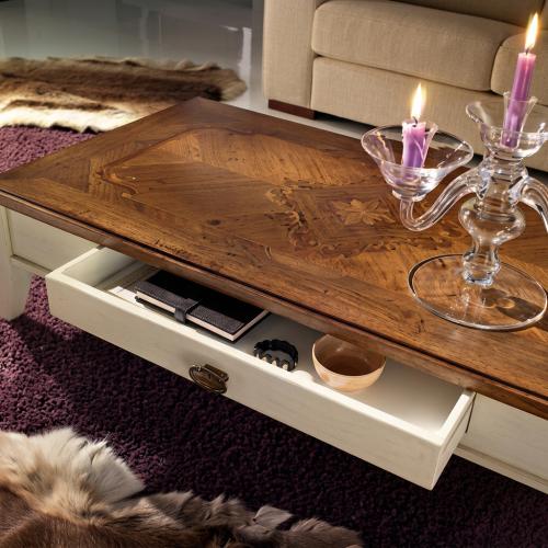 Table basse de luxe design avec plateau décoratif en noyer et tiroir de rangement intégré Vue intérieure par Luxury Group International