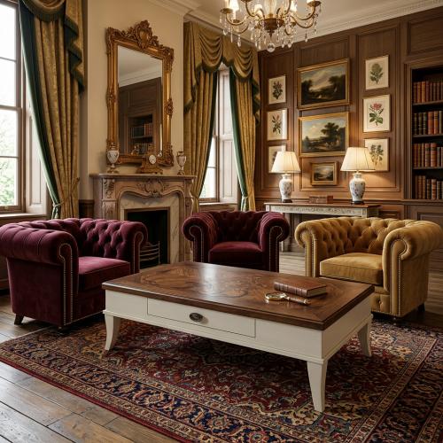Table basse de luxe design avec plateau décoratif en noyer et tiroir de rangement intégré Vue lifestyle par Luxury Group International