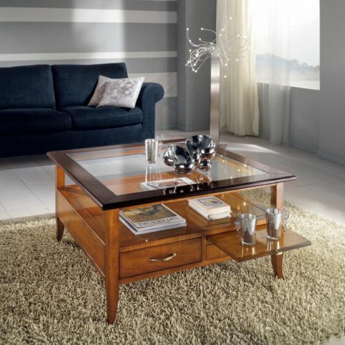 Luxury Designer Coffee Table with Glass Panel Top & Multi-Compartment Storage in Walnut Finish Front View by Luxury Group International