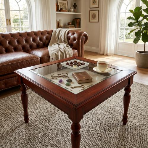 Table basse de luxe design avec plateau en verre relevable et compartiment de rangement, finition acajou riche Vue lifestyle par Luxury Group International