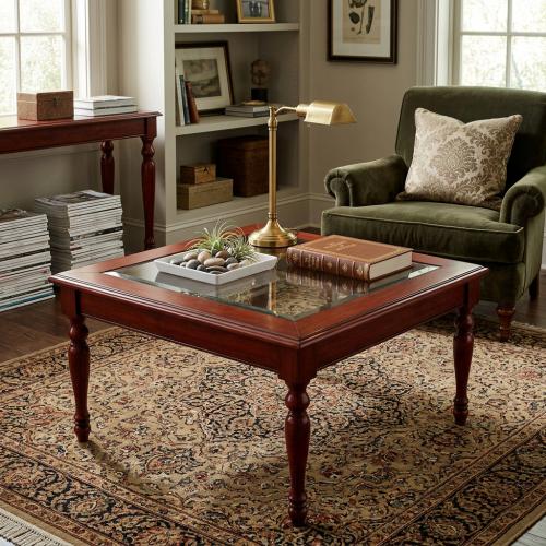 Table basse de luxe design avec plateau en verre relevable et compartiment de rangement, finition acajou riche Vue lifestyle par Luxury Group International