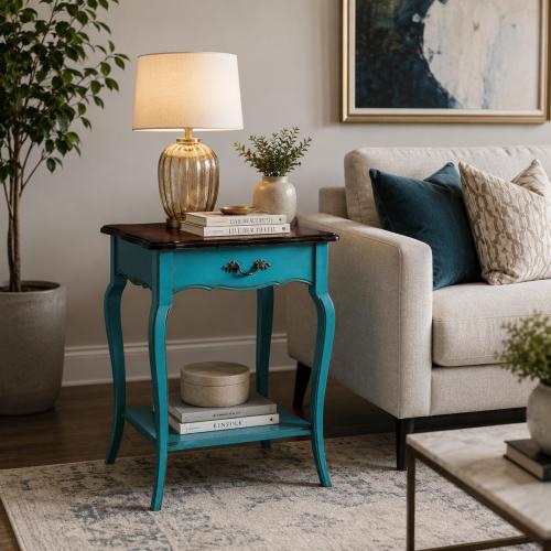 Luxury Designer Side Table with Walnut Top & Integrated Drawer in Turquoise Finish Lifestyle View by Luxury Group International