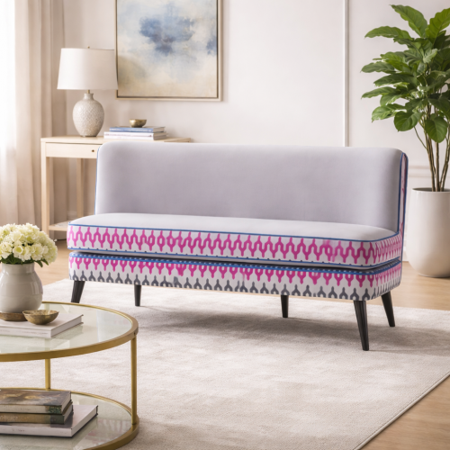 Luxury Designer Upholstered Sofa with Geometric Trim Detailing and Black Tapered Legs by Luxury Group International