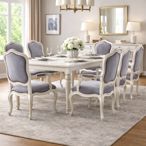 Poltrona da Pranzo di Lusso con Rivestimento Grigio e Struttura Metallica Argento - Mobili per Sala da Pranzo Vista lifestyle di Luxury Group International