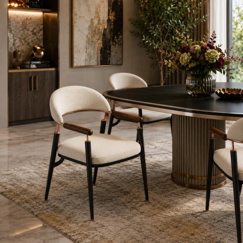 Cream Matte Fabric Luxury Dining Chair with Barrel-Back Upholstery and Rose-Gold Handle by Luxury Group International