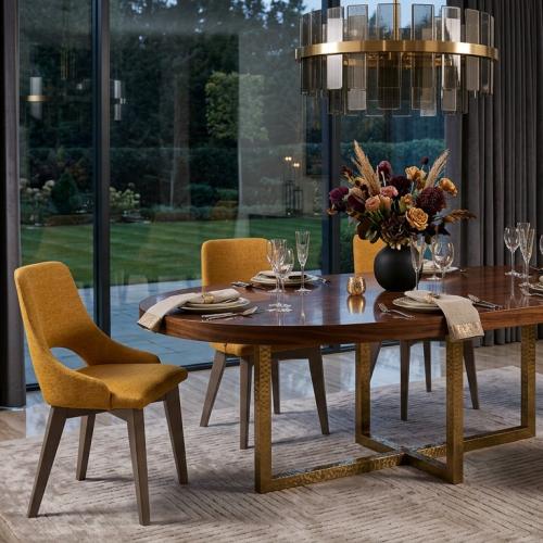 Luxury Dining Chair in Yellow Textured Fabric with Curved Open-Back & Oak Finish Legs Lifestyle View by Luxury Group International