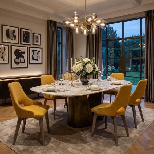 Luxury Dining Chair in Yellow Textured Fabric with Curved Open-Back & Oak Finish Legs Lifestyle View by Luxury Group International