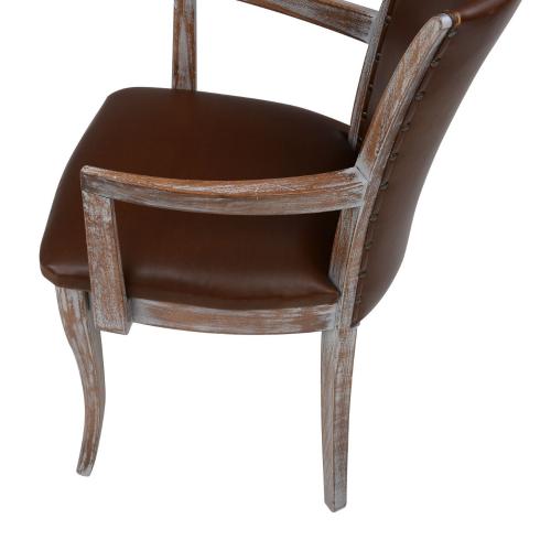 Luxury Distressed Wood Dining Armchair with Brown Leather Upholstery - Dining Room Furniture Detail View by Luxury Group International