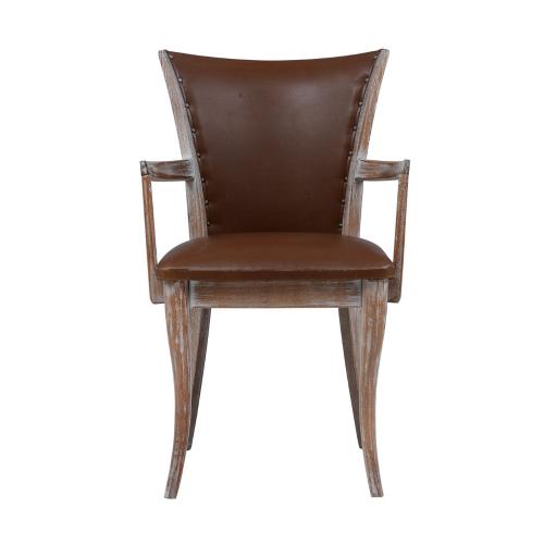 Luxury Distressed Wood Dining Armchair with Brown Leather Upholstery - Dining Room Furniture Front View by Luxury Group International