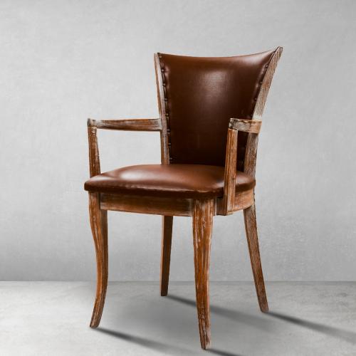 Luxury Distressed Wood Dining Armchair with Brown Leather Upholstery - Dining Room Furniture Front View by Luxury Group International