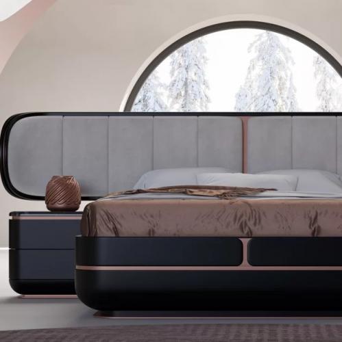 Luxury Double Bed Gray / Black / Copper - Solid Wood Bed with Upholstered Headboard by Luxury Group International