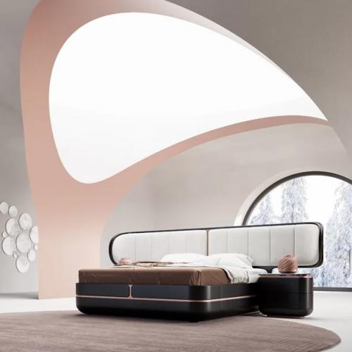 Luxury Double Bed Gray / Black / Copper - Solid Wood Bed with Upholstered Headboard by Luxury Group International
