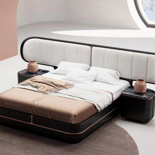 Luxury Double Bed Gray / Black / Copper - Solid Wood Bed with Upholstered Headboard by Luxury Group International