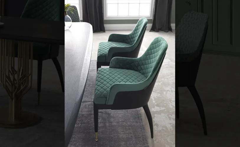 Luxury Emerald Green Diamond Quilted Velvet Upholstered Dining Chair with Dark Wood Frame by Luxury Group International