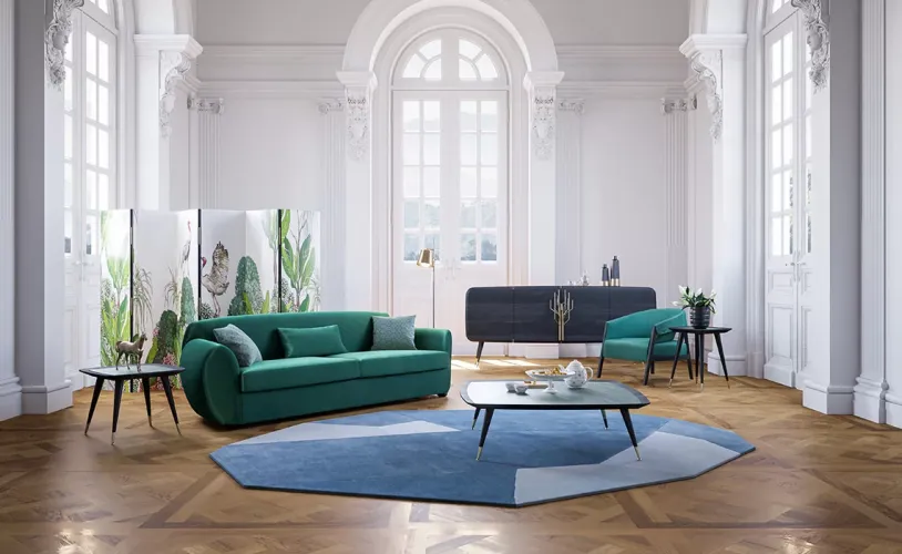 Luxury Emerald Green Upholstered Curved Sofa with Sculpted Arms & Designer Cushion Set-Luxury sofa Lifestyle View by Luxury Group International