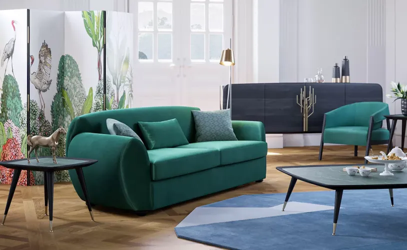 Luxury Emerald Green Upholstered Curved Sofa with Sculpted Arms & Designer Cushion Set-Luxury sofa by Luxury Group International