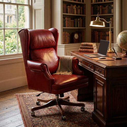 Silla Ejecutiva de Oficina de Cuero de Lujo en Rojo Carmesí con Diseño de Respaldo Envolvente para Mayor Comodidad Vista lifestyle por Luxury Group International