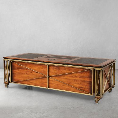 Luxury Executive Office Desk with Brass Geometric Frame & Leather Inlay Top - Office Furniture Back View by Luxury Group International