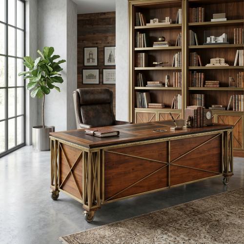 Scrivania Esecutiva di Lusso con Struttura Geometrica in Ottone e Piano Intarsiato in Pelle - Mobili per Ufficio Vista lifestyle di Luxury Group International