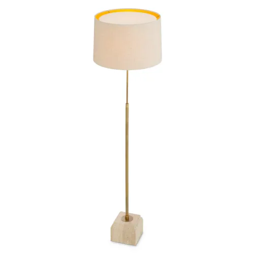 Luxury Floor Lamp with Travertine Base & Linen Drum Shade in Gold Finish by Luxury Group International