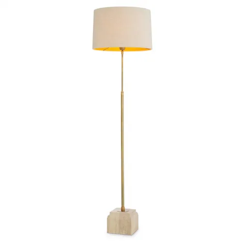Luxury Floor Lamp with Travertine Base & Linen Drum Shade in Gold Finish by Luxury Group International