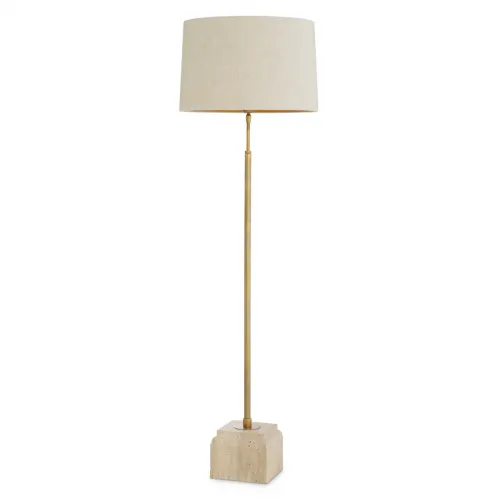Luxury Floor Lamp with Travertine Base & Linen Drum Shade in Gold Finish by Luxury Group International