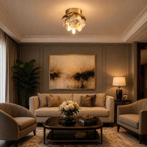 Luxury Floral Flush Mount Ceiling Light with Gold Petal Design & White Decorative Elements by Luxury Group International