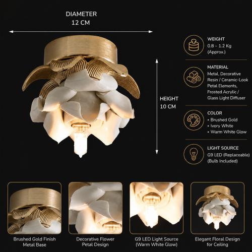 Luxury Floral Flush Mount Ceiling Light with Gold Petal Design & White Decorative Elements by Luxury Group International