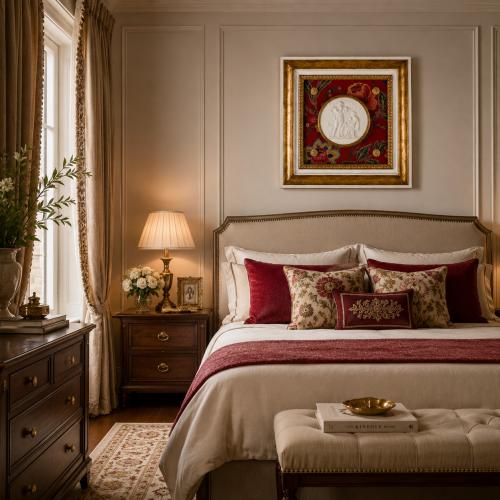 Luxus Floral Medaillon Wandkunst mit rotem botanischem Textil und antikgoldenem Rahmen von Luxury Group International