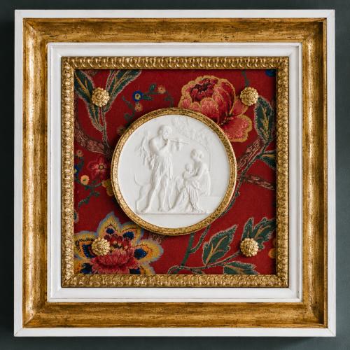 Luxury Floral Medallion Wall Art with Red Botanical Textile and Antique Gold Frame by Luxury Group International
