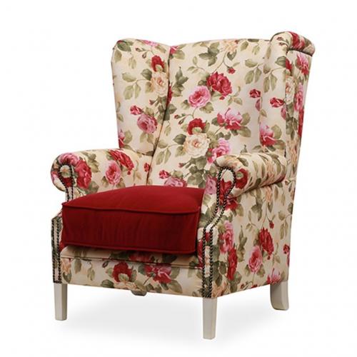 Luxury Floral Wingback Armchair Sofa with Red Velvet Cushion Front View by Luxury Group International