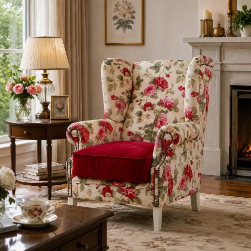Luxuriöser Floral Wingback Sessel mit rotem Samtkissen Lifestyle-Ansicht von Luxury Group International
