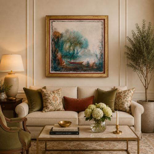 Luxus gerahmtes nebliges Flussufer-Landschaftsbild mit europäischer impressionistischer Eleganz von Luxury Group International