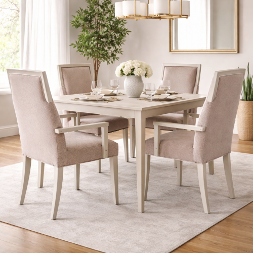 Luxury Framed Upholstered Dining Armchair in Blush Pink with Geometric Seat and Ivory Wooden Frame by Luxury Group International