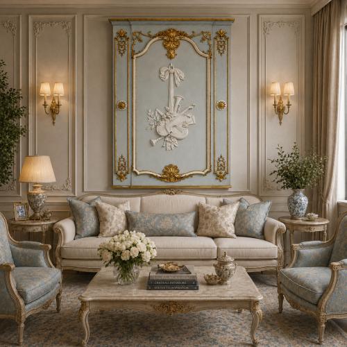 Luxuriöses französisch-klassisches Wandpaneel mit Violinendesign und kunstvollem antikgoldenem Dekor von Luxury Group International