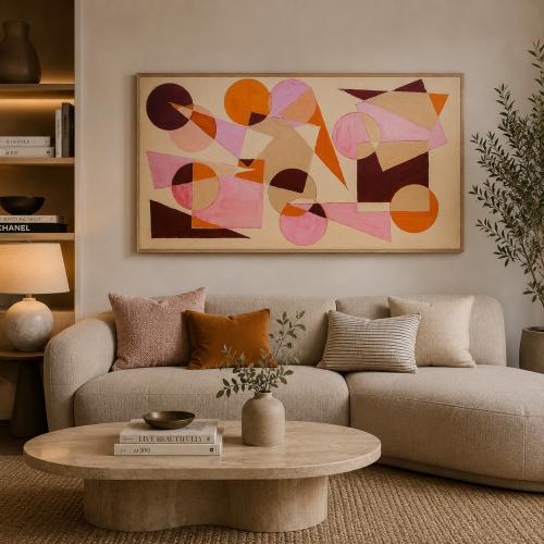 Luxus Geometrische Abstrakte Wandkunst in Beige Holz mit Kreisen und Winkeln von Luxury Group International