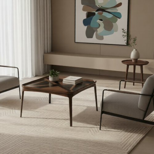 Luxury Geometric Inlay Square Glass Top Coffee Table with Sculpted Wooden Frame by Luxury Group International
