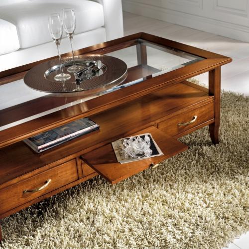 Table basse de luxe avec plateau en verre, finition noyer et design multi-rangements Vue détaillée par Luxury Group International