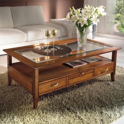 Luxury Glass Top Coffee Table with Walnut Finish and Multi-Storage Design Front View by Luxury Group International