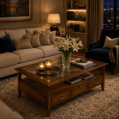 Table basse de luxe avec plateau en verre, finition noyer et design multi-rangements Vue lifestyle par Luxury Group International
