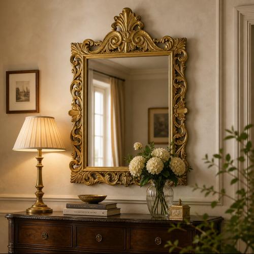 Luxus Goldener Barock-Wandspiegel mit Großem Muschelaufsatz und Verziertem Blattornament-Rahmen – Barockspiegel Lifestyle-Ansicht von Luxury Group International