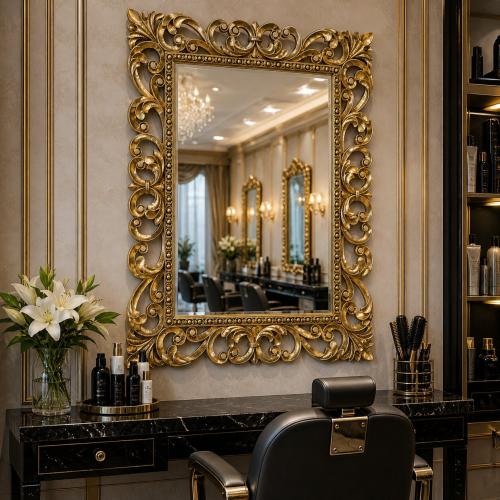 Luxury Gold Baroque Wall Mirror with Hand-Carved Open Scroll Frame and Beaded Inner Border - Baroque Mirror Lifestyle View by Luxury Group International