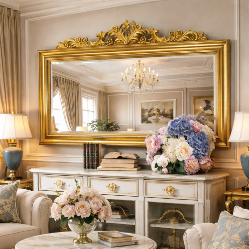Luxus Goldener Barock-Wandspiegel mit handgefertigter Blumenkrone und mehrschichtigem Rahmen - 184 CM von Luxury Group International
