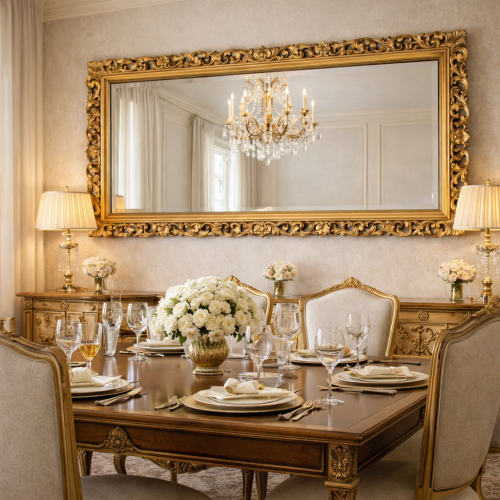 Luxury Gold Baroque Wall Mirror with Open Scroll Crest and Ornamental Pierced Frame – 145 CM by Luxury Group International